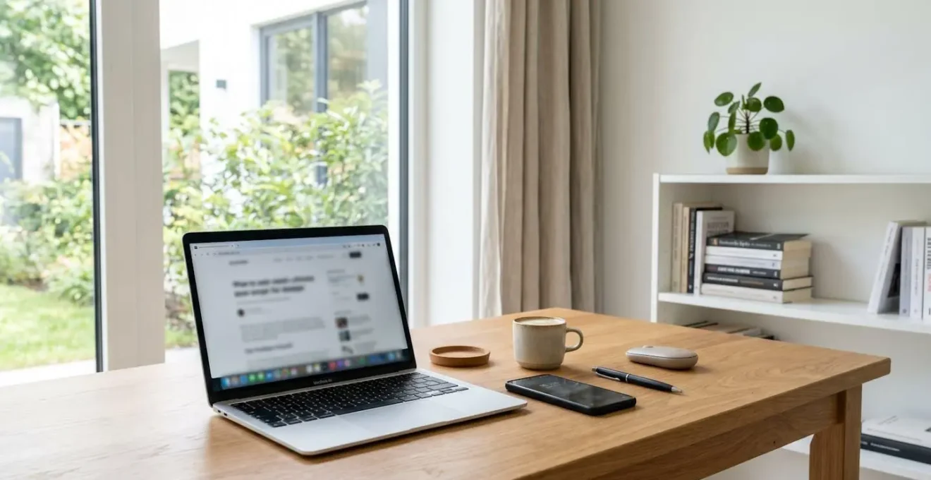 Bureau épuré avec ordinateur portable ouvert et smartphone posés sur une table en bois, lumière naturelle abondante