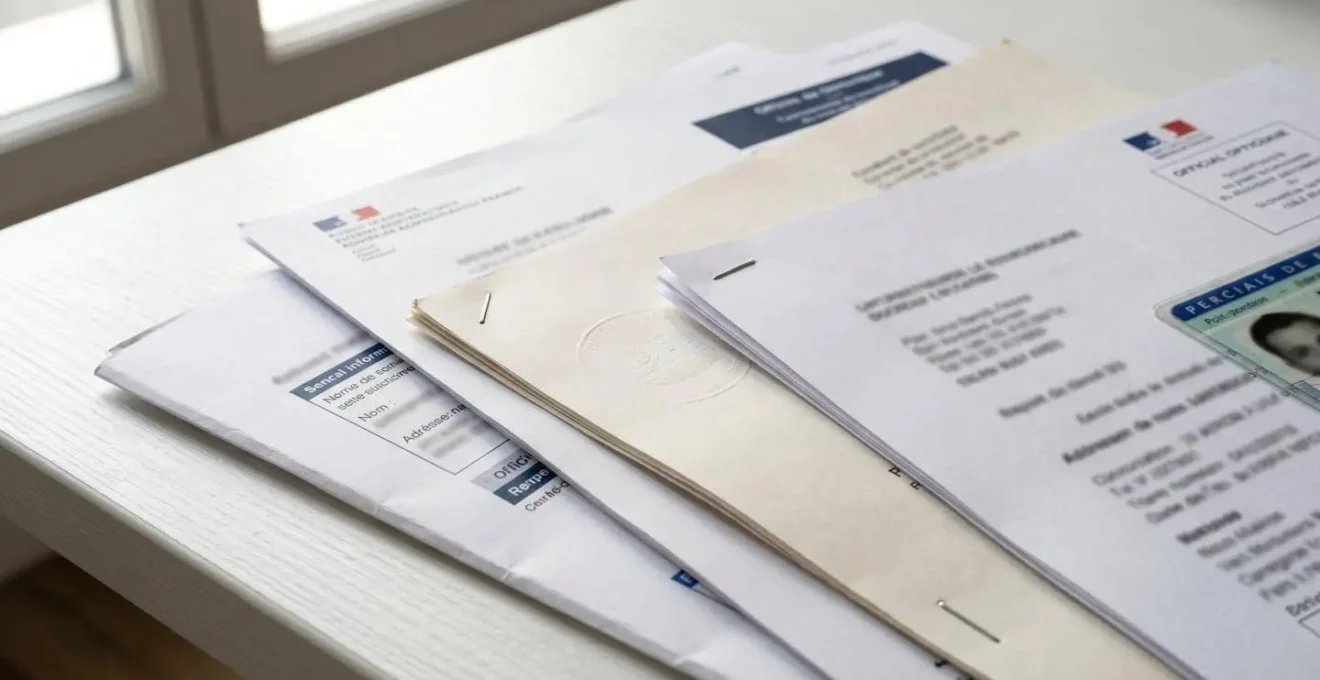 Gros plan sur des documents administratifs français posés sur une surface moderne, tous les textes floutés pour confidentialité, lumière naturelle latérale