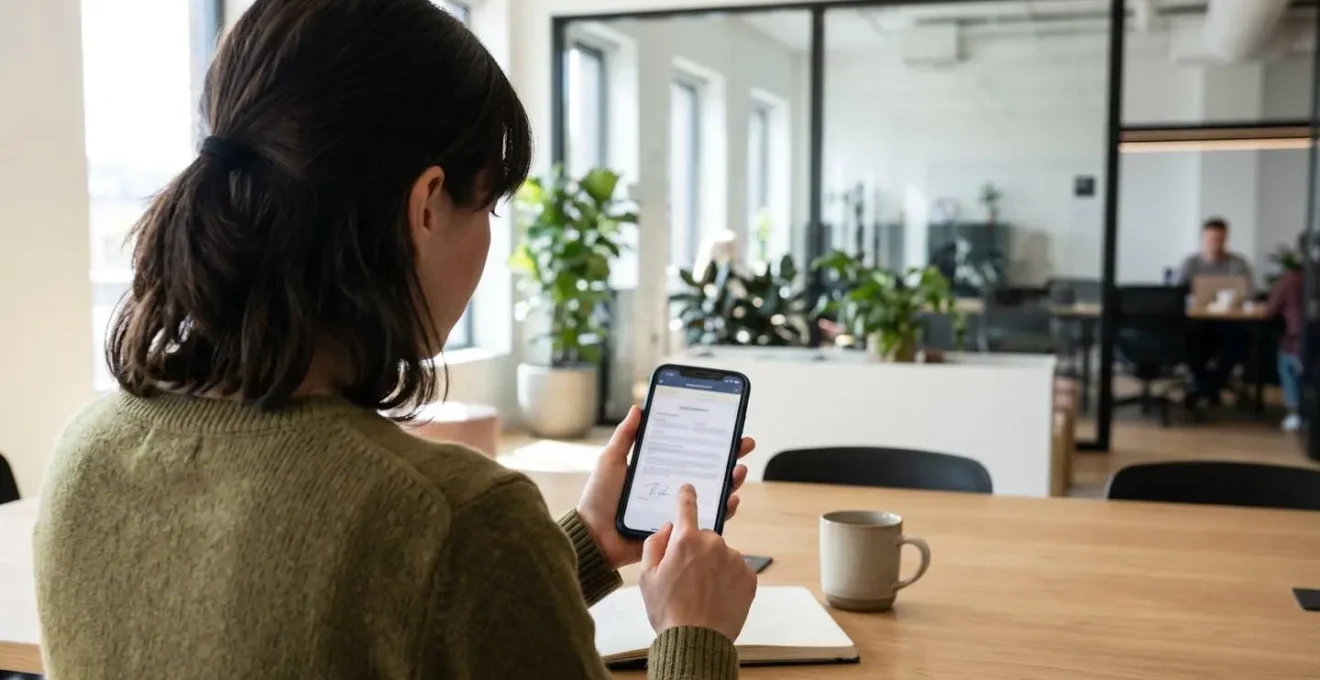 Vue par-dessus l'épaule d'une personne utilisant un smartphone pour signer un document, geste de validation visible