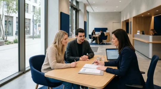 Conseiller bancaire présentant des documents sur les solutions d'épargne à un jeune couple dans une agence Banque Populaire moderne