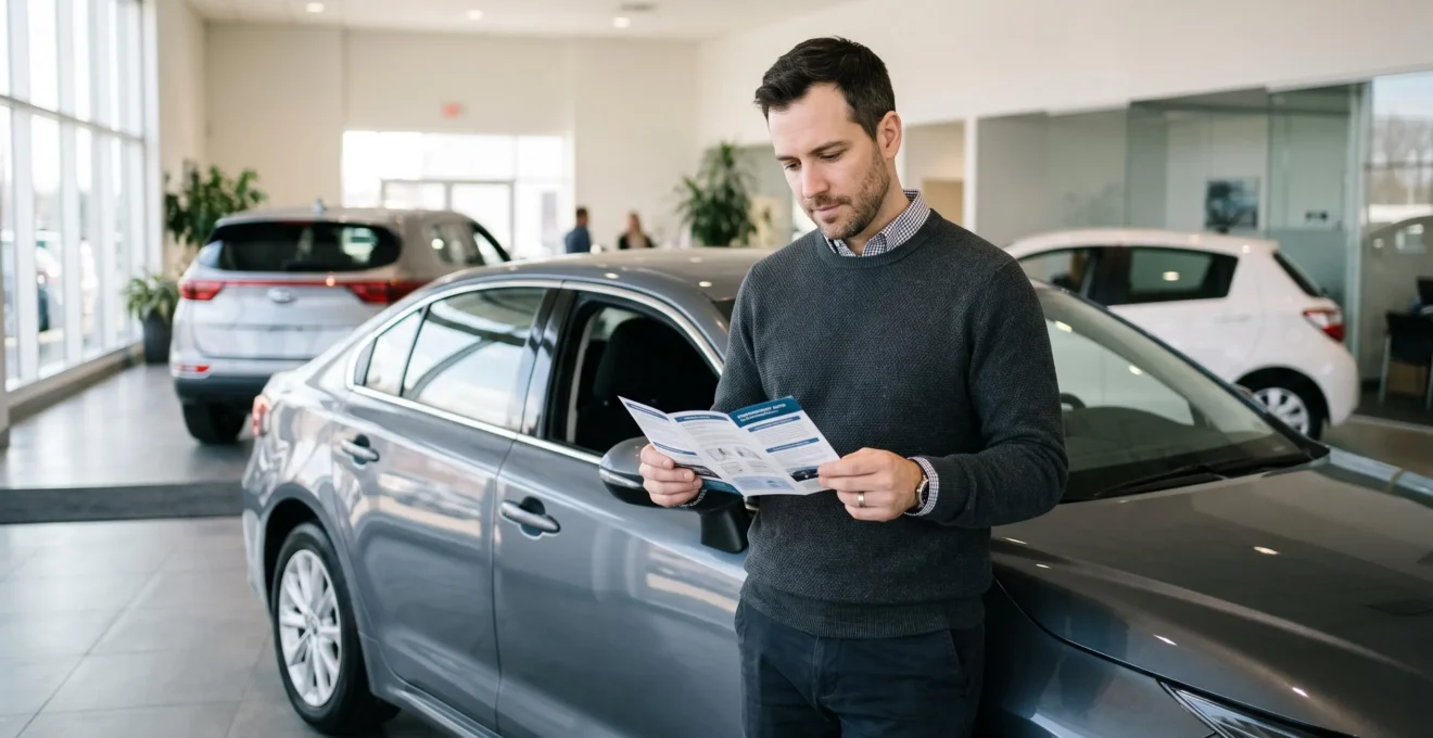 Un acheteur potentiel examine des documents de financement tout en regardant un véhicule neuf dans un showroom automobile moderne.