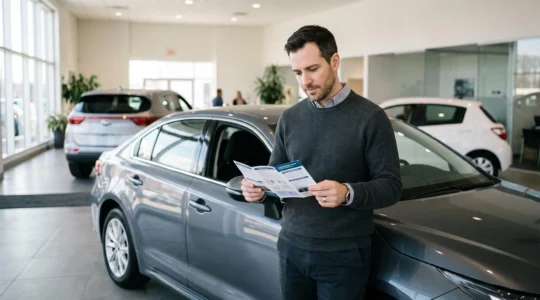 Un acheteur potentiel examine des documents de financement tout en regardant un véhicule neuf dans un showroom automobile moderne.