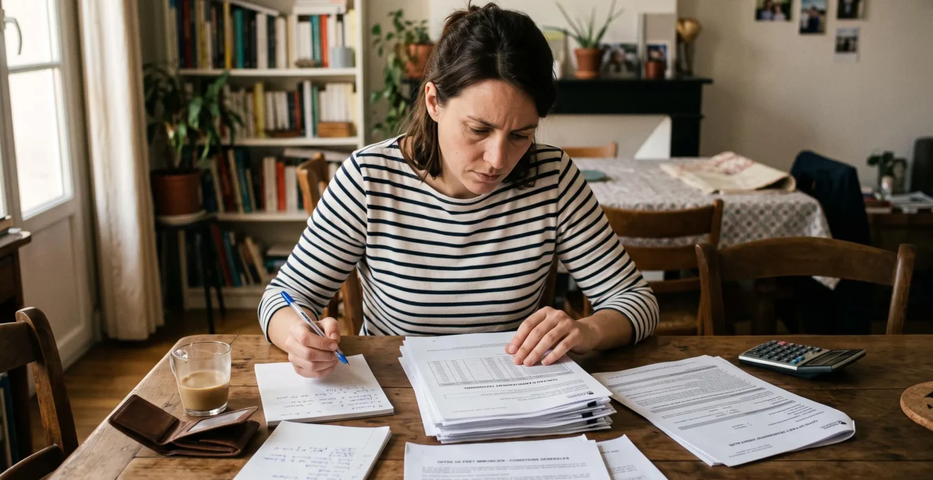 Une personne étudie attentivement des documents de prêt immobilier et des tableaux d'amortissement à son domicile.