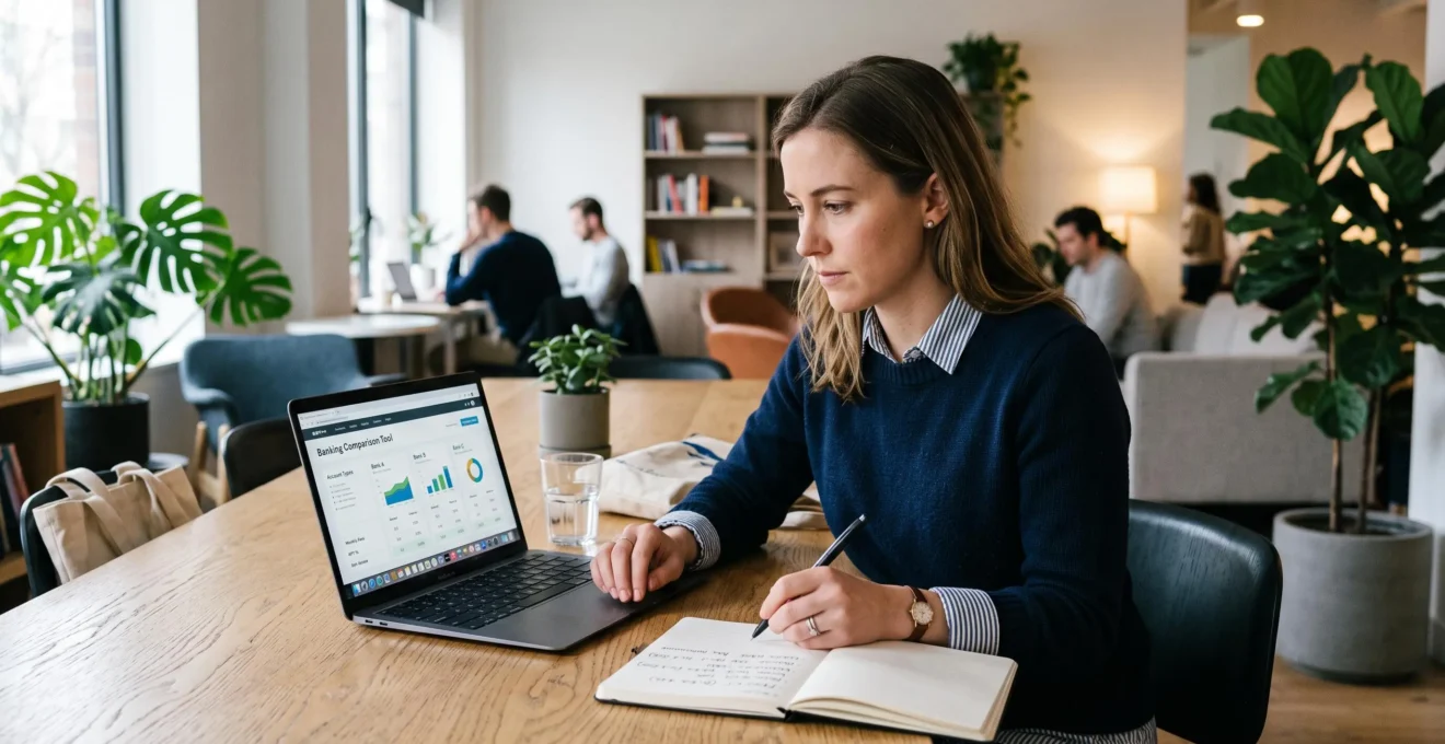 Jeune professionnel comparant des options bancaires sur un ordinateur portable dans un espace de travail moderne, prenant des notes dans un carnet