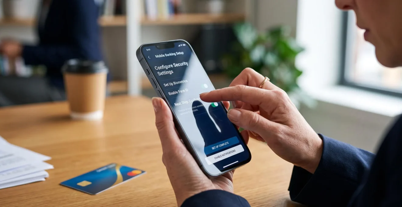 Main tenant un smartphone et configurant une application mobile bancaire, avec une carte bancaire posée à côté sur le bureau
