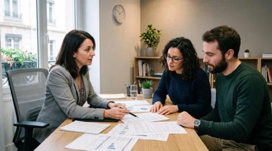 Un conseiller financier examine des documents de crédits avec un couple lors d'une consultation professionnelle dans un bureau.