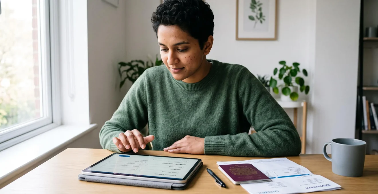 Jeune adulte utilisant une tablette pour ouvrir un compte bancaire en ligne, avec des documents d'identité posés sur un bureau moderne