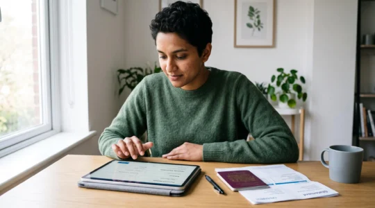 Jeune adulte utilisant une tablette pour ouvrir un compte bancaire en ligne, avec des documents d'identité posés sur un bureau moderne