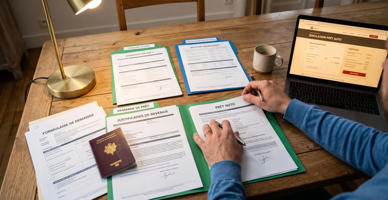 Une personne organise et vérifie des documents administratifs sur une table dans un environnement domestique, préparant un dossier de crédit auto.