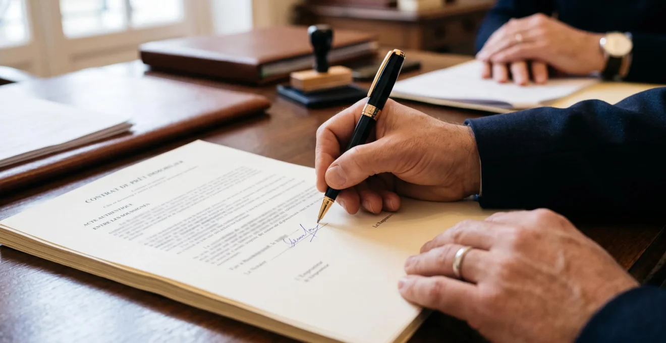 Une main signe un contrat de prêt immobilier avec un stylo sur un bureau professionnel.