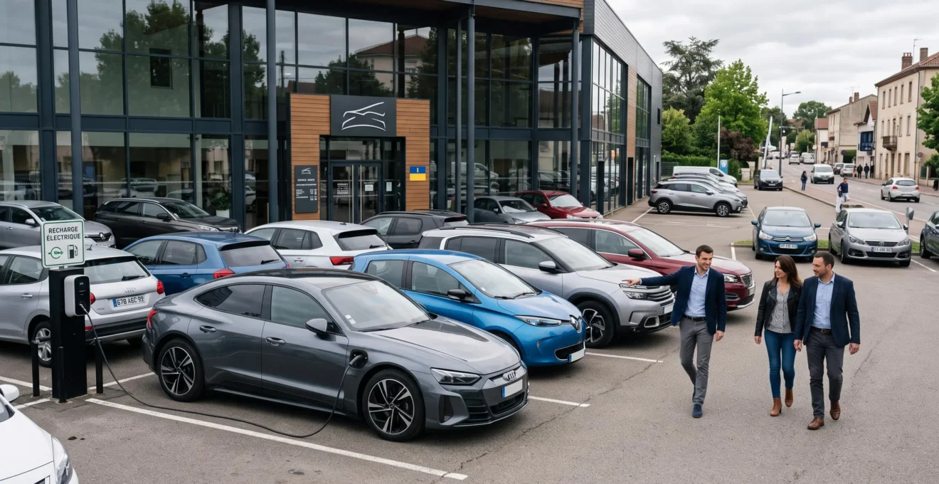 Vue d'un espace de concessionnaire automobile présentant plusieurs types de véhicules, incluant un modèle électrique avec prise de recharge visible.