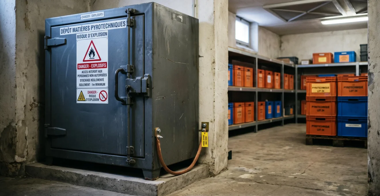 Une armoire métallique renforcée de stockage pyrotechnique avec mise à la terre visible, dans un local de stockage aux murs épais.
