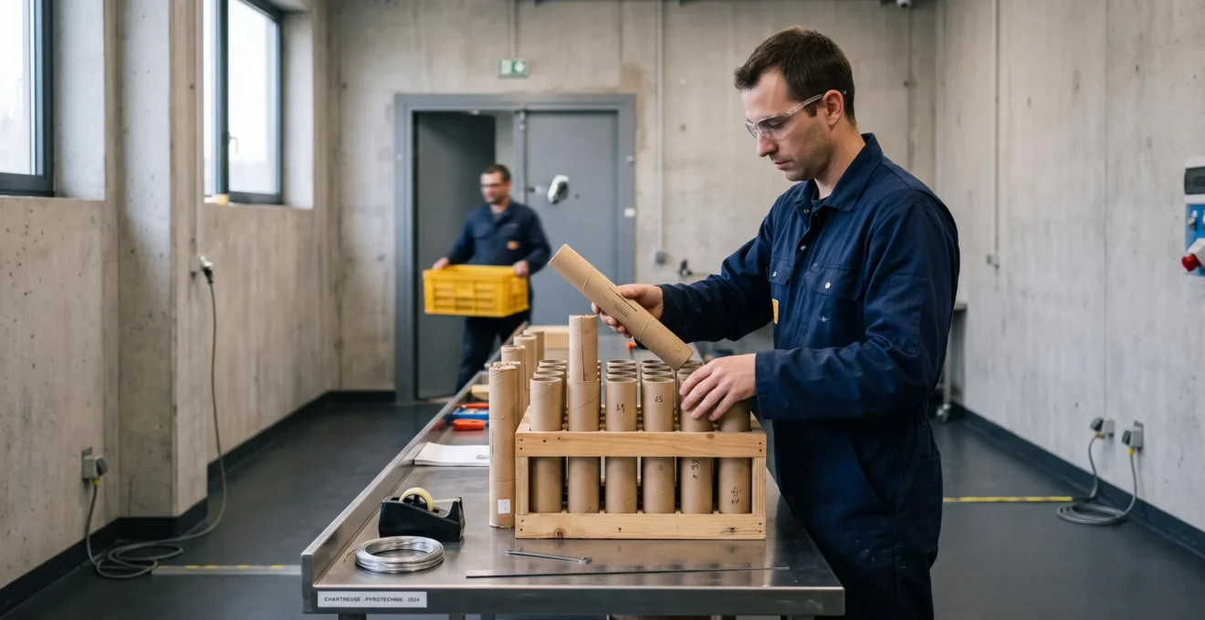 Un technicien en blouse de travail ignifugée range des tubes de pièces pyrotechniques dans un atelier de fabrication de feux d'artifice aux murs de béton.