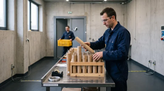 Un technicien en blouse de travail ignifugée range des tubes de pièces pyrotechniques dans un atelier de fabrication de feux d'artifice aux murs de béton.
