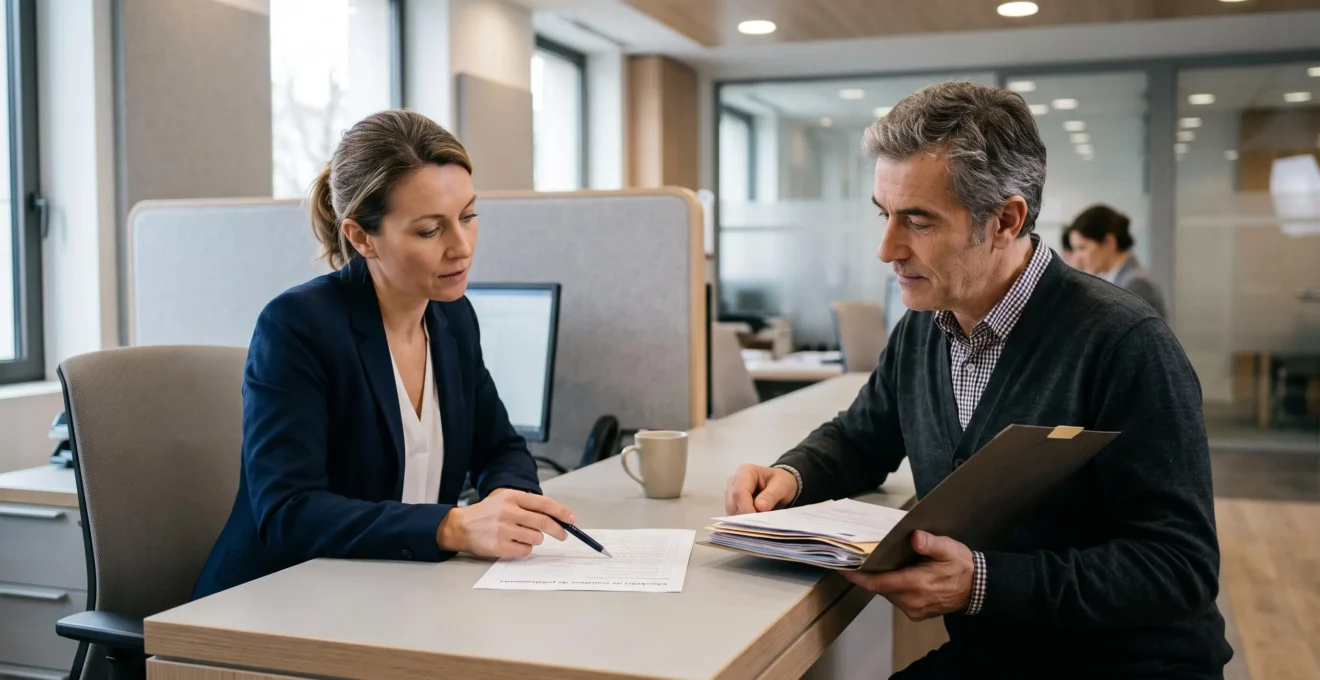 Un conseiller bancaire montre une ligne d'un formulaire de transfert de prélèvements à un client assis en face de lui au comptoir.
