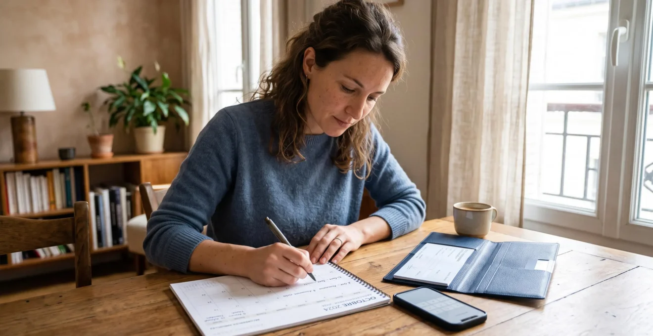 Une personne note les dates de ses prélèvements récurrents dans un calendrier papier posé sur une table, à côté d'un dossier d'ouverture de compte.