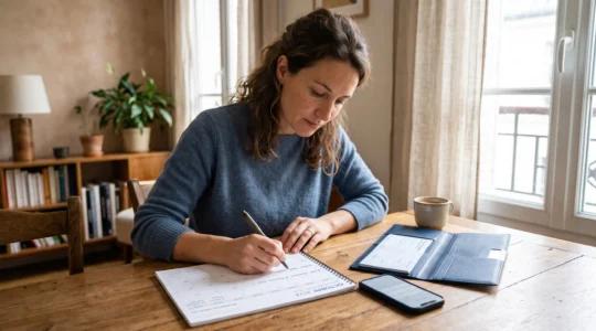 Une personne note les dates de ses prélèvements récurrents dans un calendrier papier posé sur une table, à côté d'un dossier d'ouverture de compte.