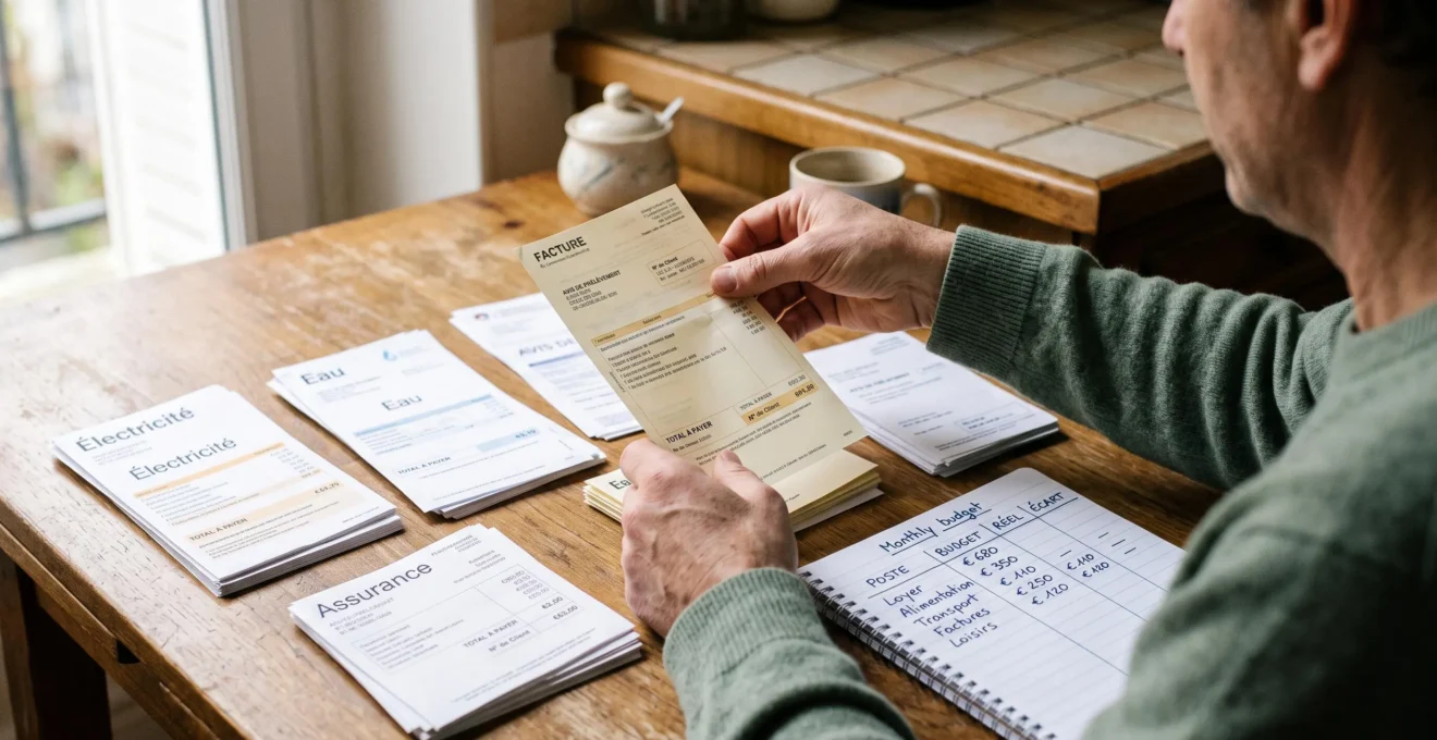 Une personne trie des avis de prélèvement et des factures en piles distinctes sur une table de cuisine, à côté d'un cahier de budget.