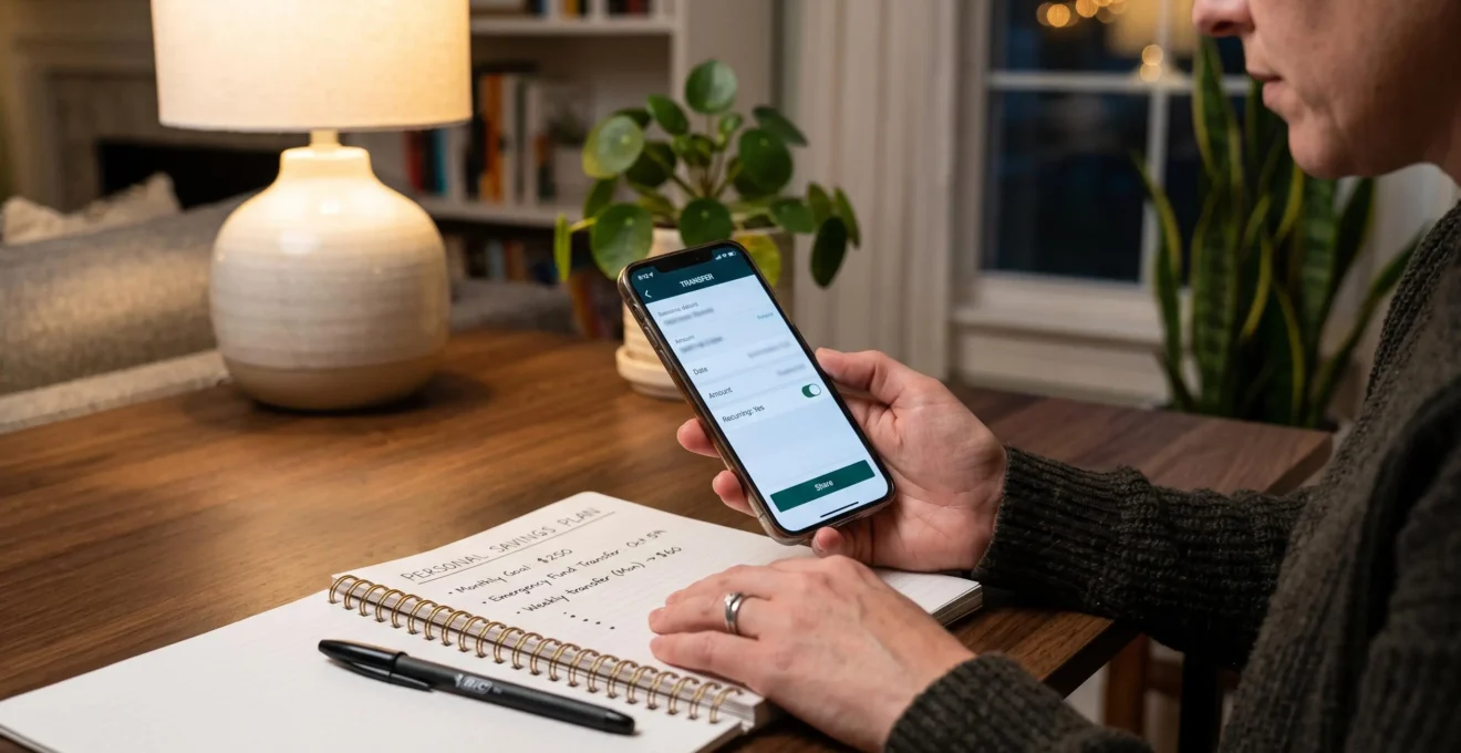 Gros plan sur des mains programmant un virement automatique d'épargne sur un smartphone, un carnet de suivi posé à côté.